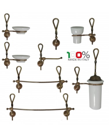 Set accessori bagno stile classico 8 pezzi in ottone bronzato ceramica  fiocco